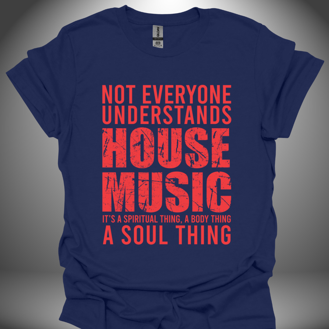 Unisex house music T-shirt, 'House Music Lover' design in navy, front view