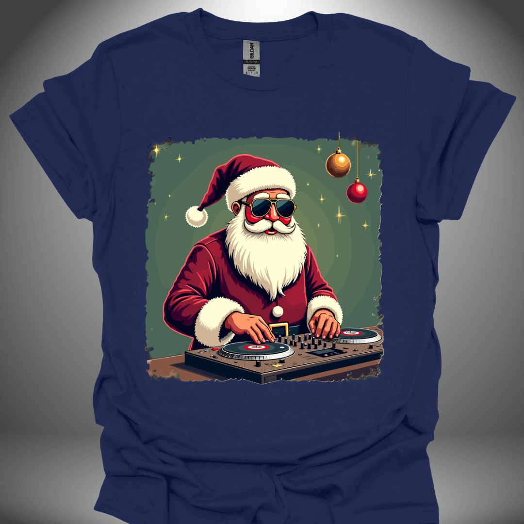 Christmas DJ T-shirt, 'Disco Claus' design in navy, front view