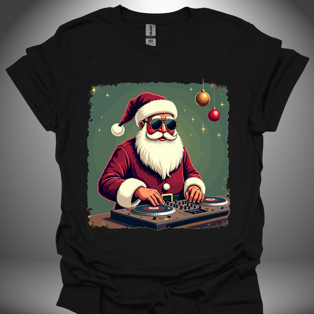 Christmas DJ T-shirt, 'Disco Claus' design in black, front view