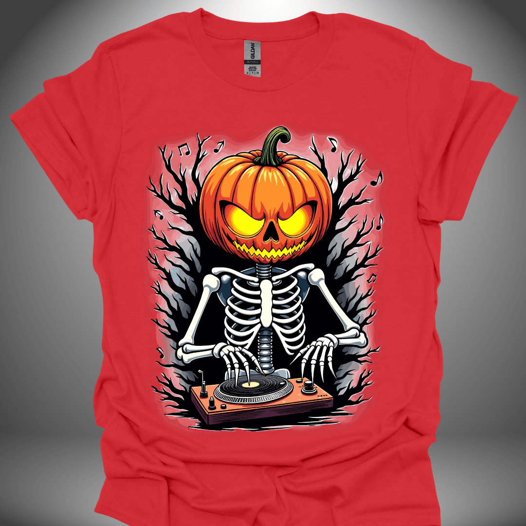 Halloween DJ T-shirt, 'DJ Skeleton' design in red, front view