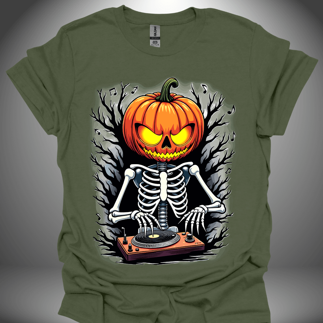 Halloween DJ T-shirt, 'DJ Skeleton' design in military green, front view