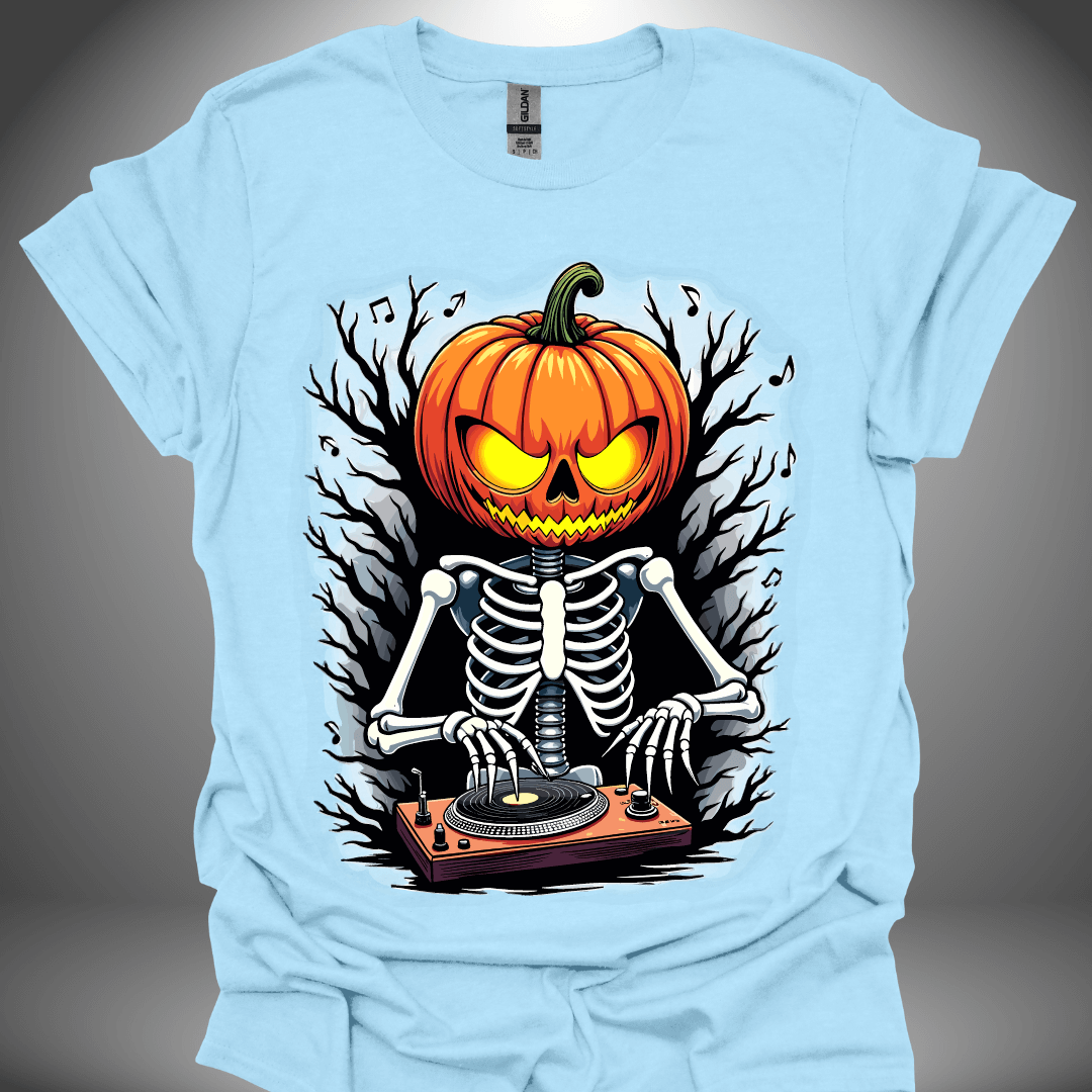 Halloween DJ T-shirt, 'DJ Skeleton' design in light blue, front view