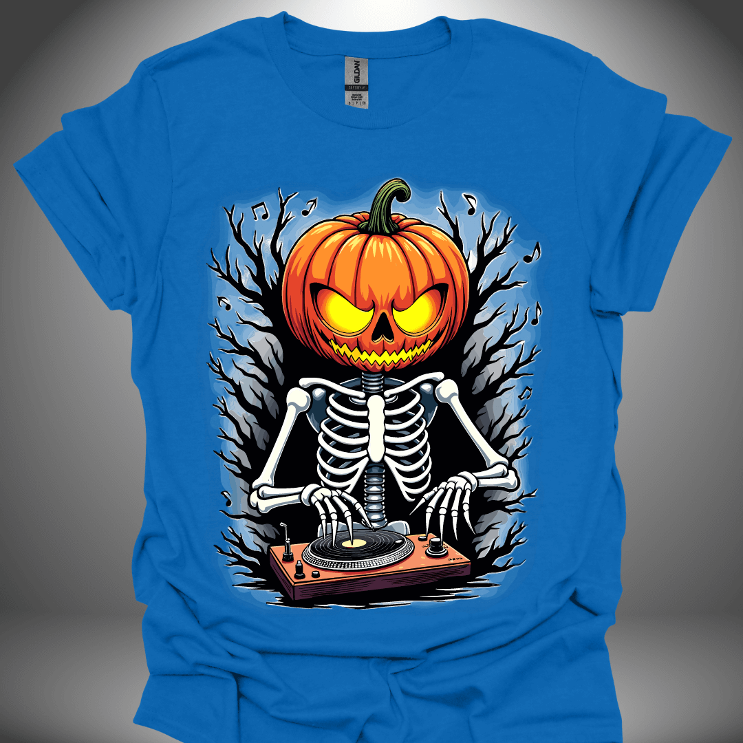 Halloween DJ T-shirt, 'DJ Skeleton' design in royal blue, front view