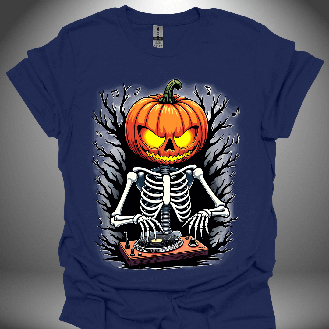 Halloween DJ T-shirt, 'DJ Skeleton' design in navy, front view