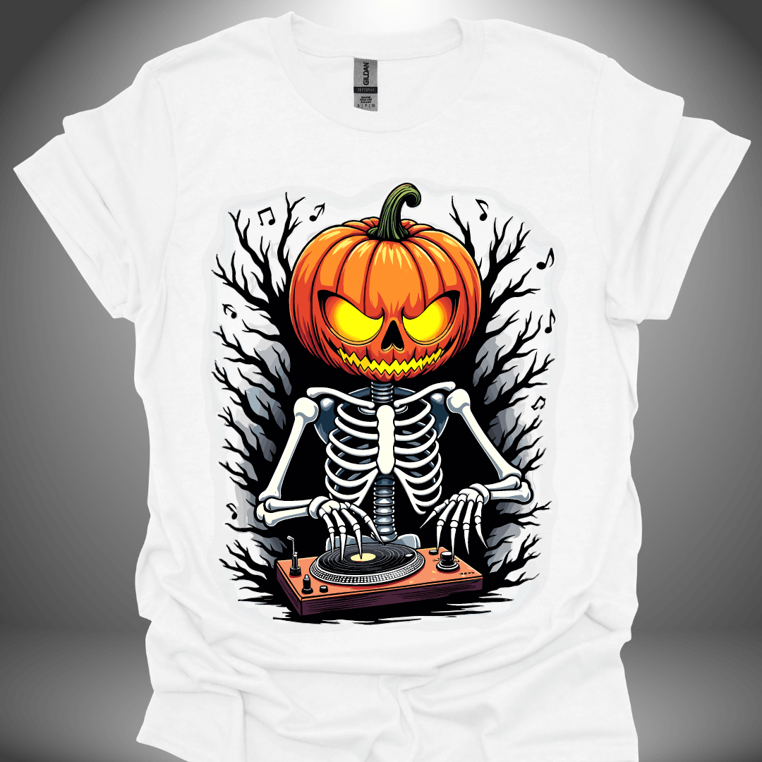 Halloween DJ T-shirt, 'DJ Skeleton' design in white, front view