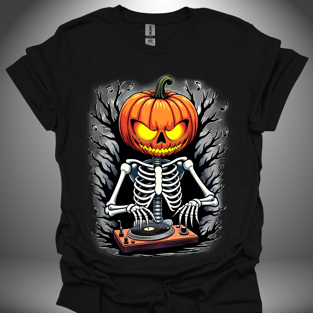 Halloween DJ T-shirt, 'DJ Skeleton' design in black, front view