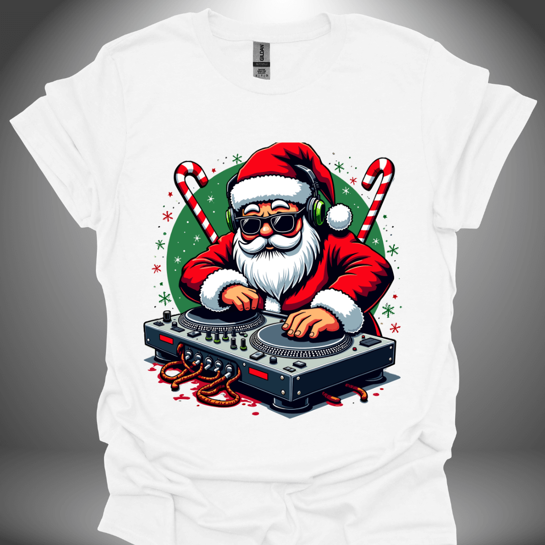 Christmas DJ T-shirt, 'Santa Jams' design in white, front view