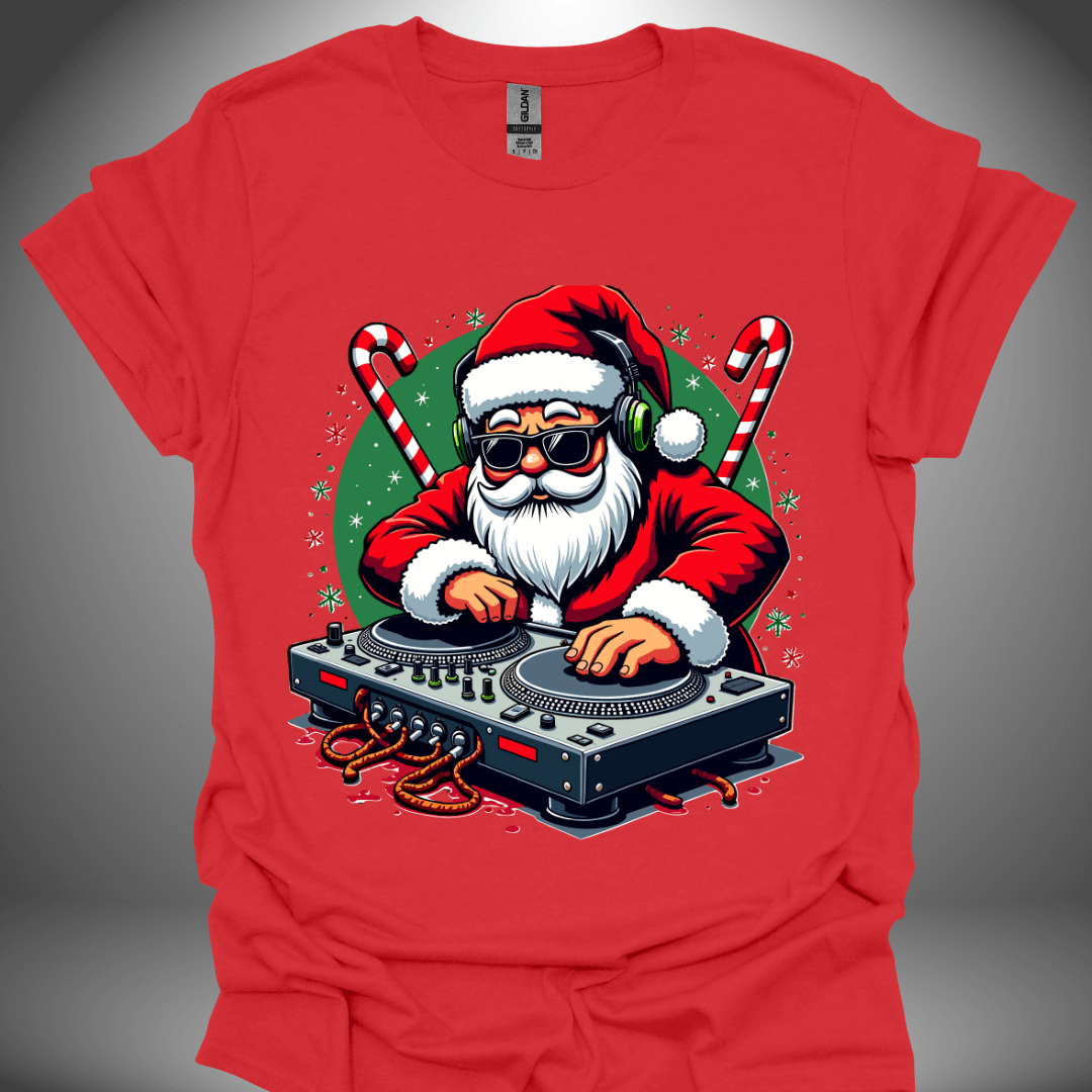 Christmas DJ T-shirt, 'Santa Jams' design in red, front view