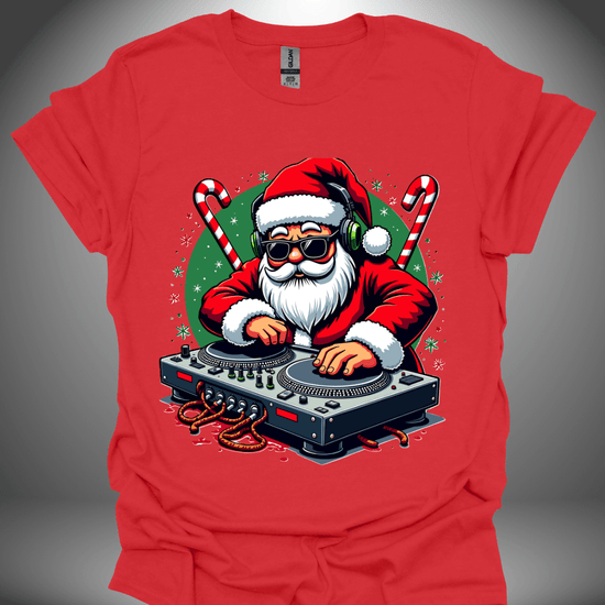 Christmas DJ T-shirt, 'Santa Jams' design in red, front view