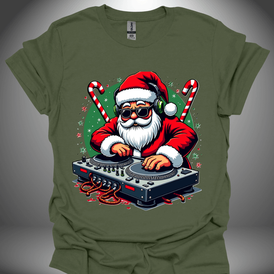 Christmas DJ T-shirt, 'Santa Jams' design in military green, front view