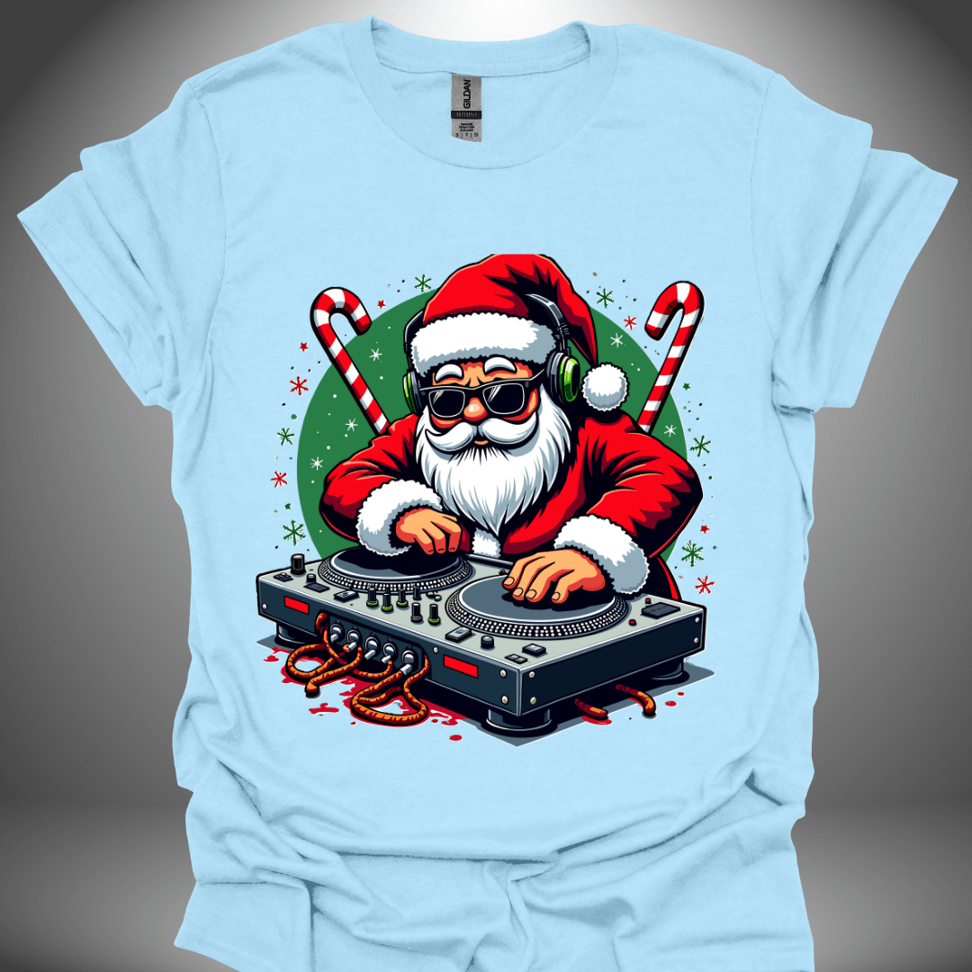 Christmas DJ T-shirt, 'Santa Jams' design in light blue, front view