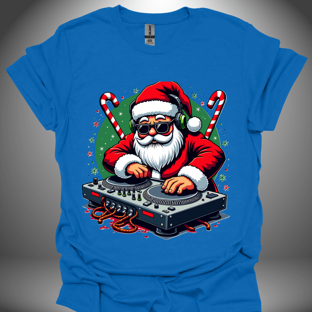 Christmas DJ T-shirt, 'Santa Jams' design in royal blue, front view