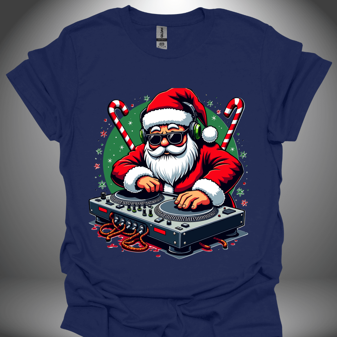 Christmas DJ T-shirt, 'Santa Jams' design in navy, front view