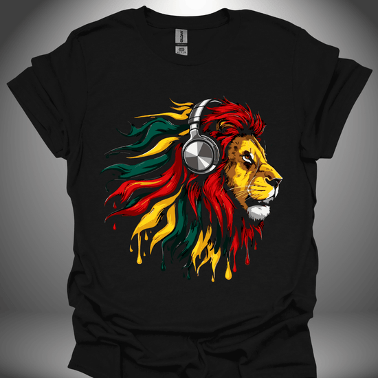 Unisex DJ T-shirt, 'Rasta Lion' design in black, front view