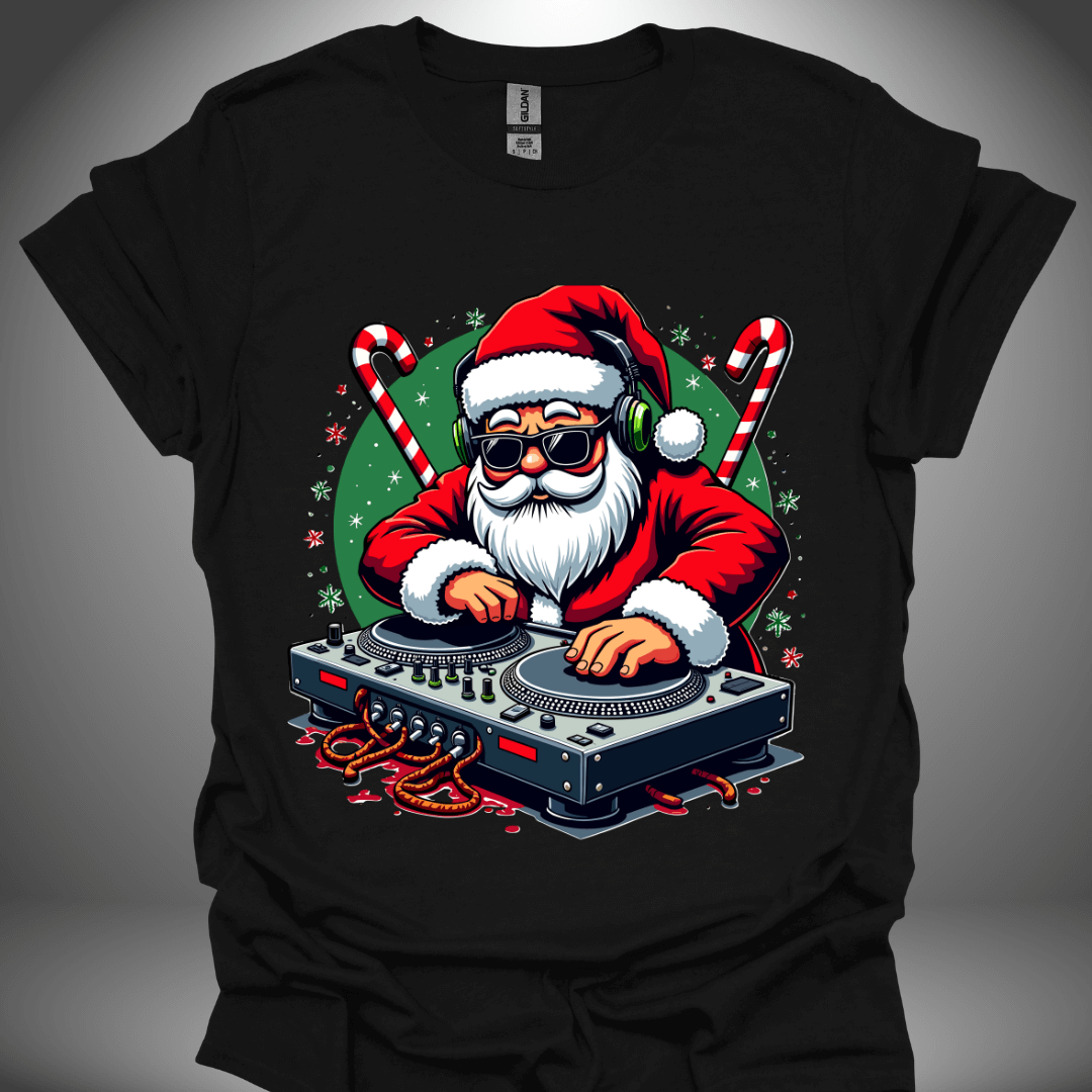 Christmas DJ T-shirt, 'Santa Jams' design in black, front view