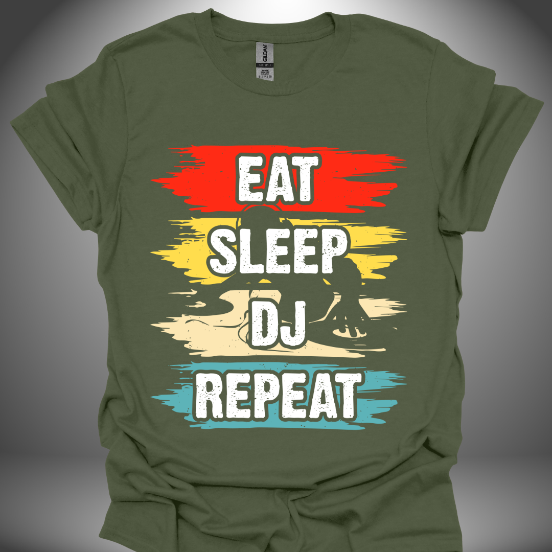 Unisex DJ T-shirt, 'Eat Sleep DJ Repeat' design in military green, front view