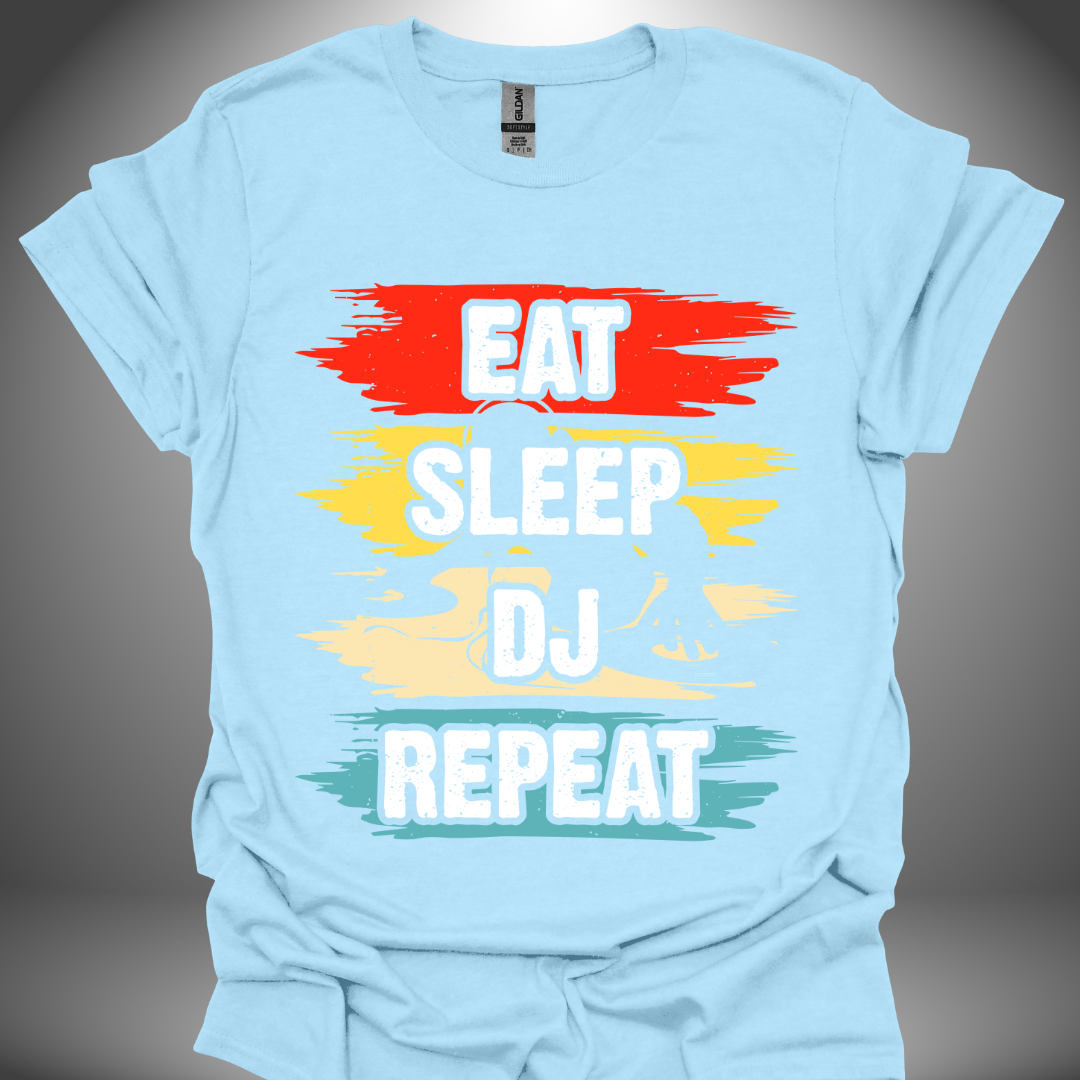 Unisex DJ T-shirt, 'Eat Sleep DJ Repeat' design in light blue, front view