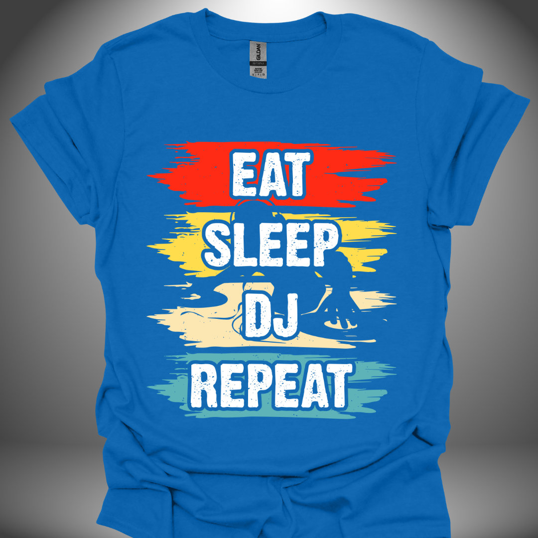 Unisex DJ T-shirt, 'Eat Sleep DJ Repeat' design in royal blue, front view