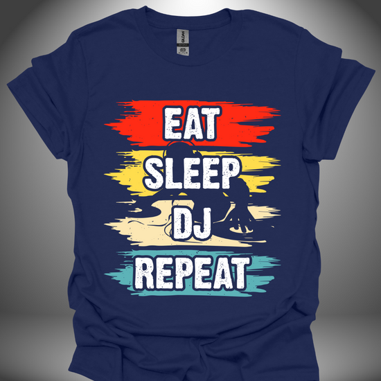 Unisex DJ T-shirt, 'Eat Sleep DJ Repeat' design in navy, front view