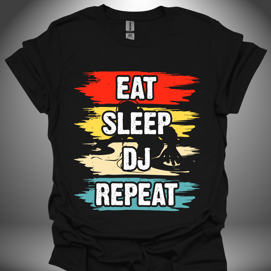 Unisex DJ T-shirt, 'Eat Sleep DJ Repeat' design in black, front view