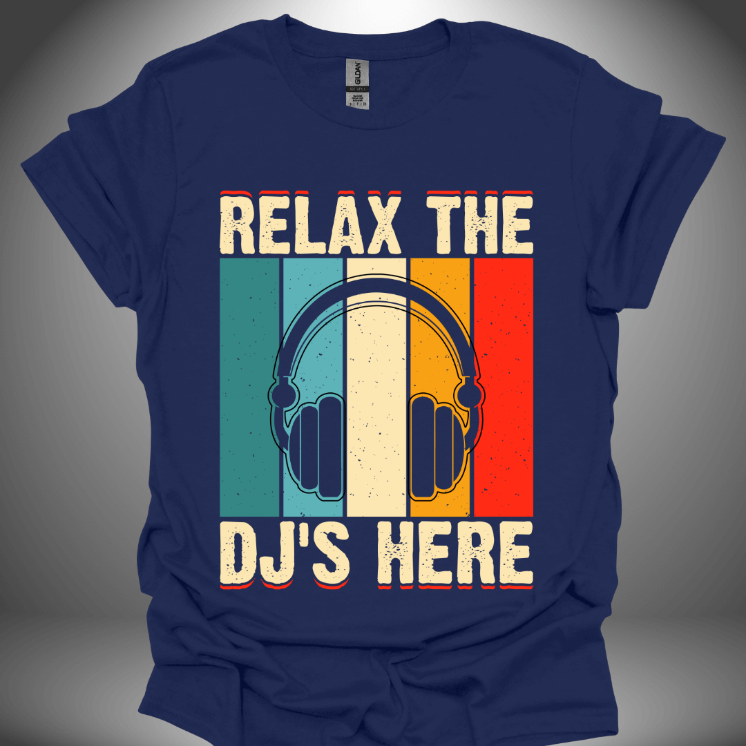 Unisex DJ T-shirt, 'Relax the DJs Here' design in navy, front view