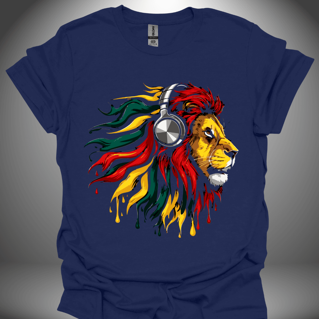 Unisex DJ T-shirt, 'Rasta Lion' design in navy, front view