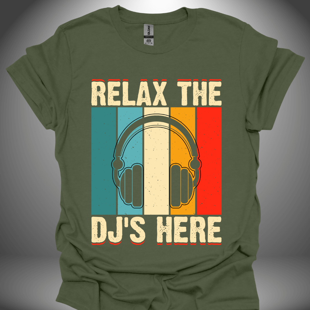 Unisex DJ T-shirt, 'Relax the DJs Here' design in military green, front view