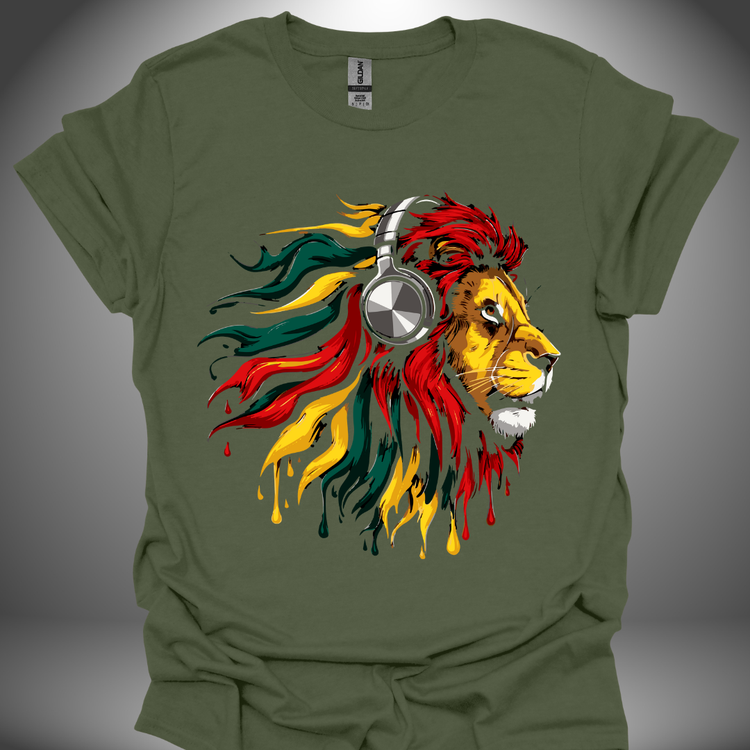 Unisex DJ T-shirt, 'Rasta Lion' design in military green, front view