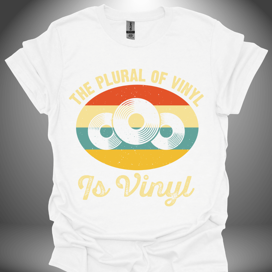 Vinyl enthusiast unisex DJ T-shirt, 'The Plural of Vinyl Is Vinyl' design in white, front view