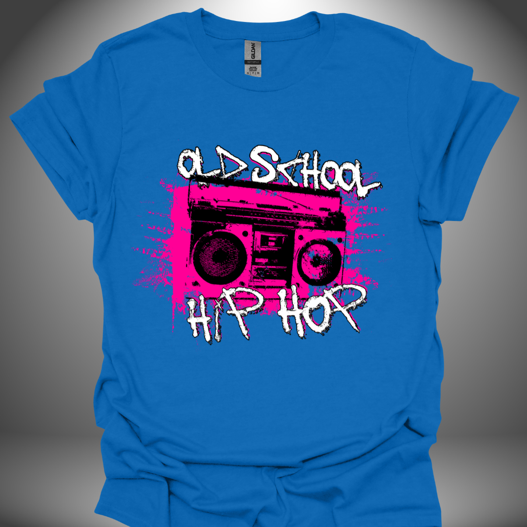 Hip Hop DJ T-shirt, 'Old School Hip Hop' design in royal blue, front view