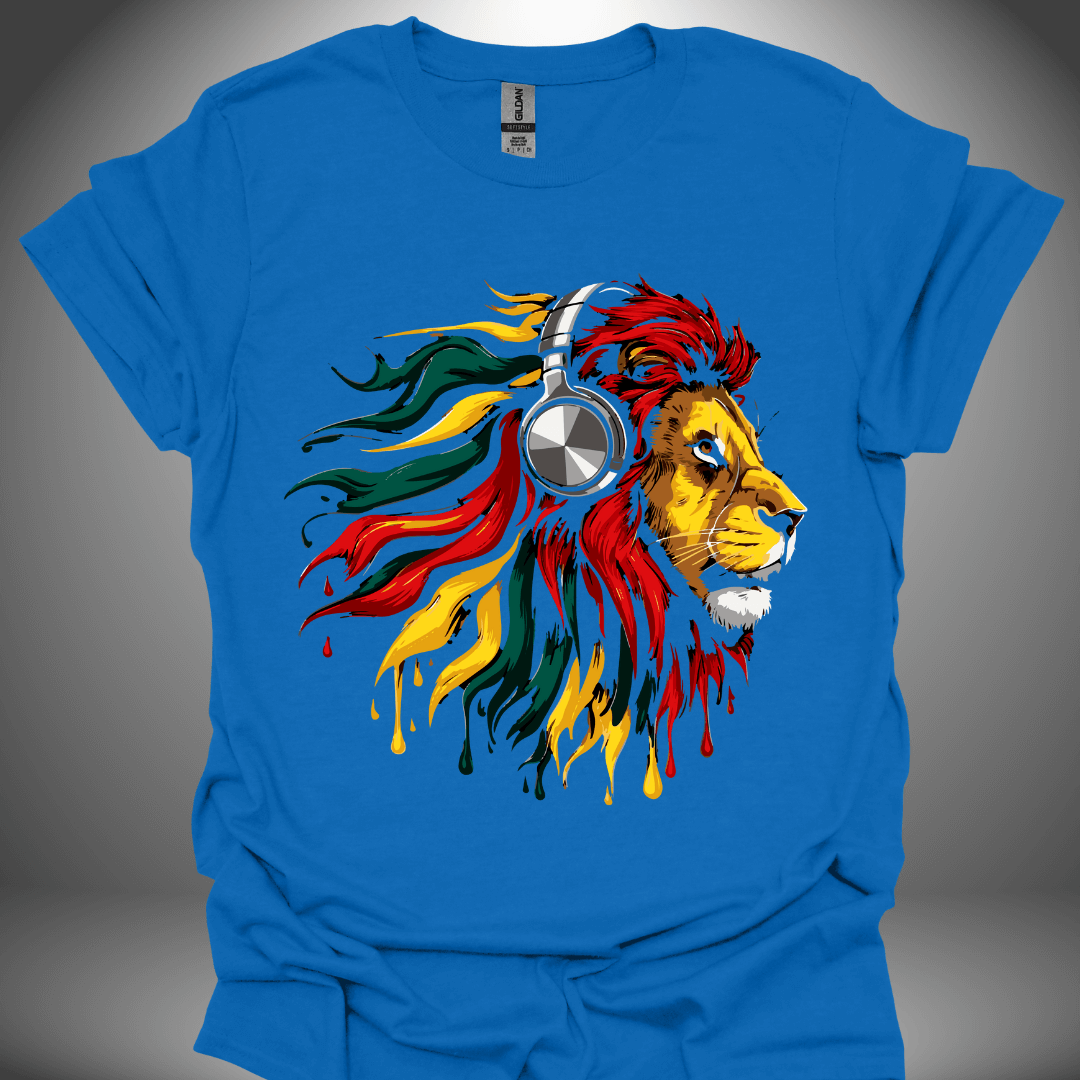 Unisex DJ T-shirt, 'Rasta Lion' design in royal blue, front view