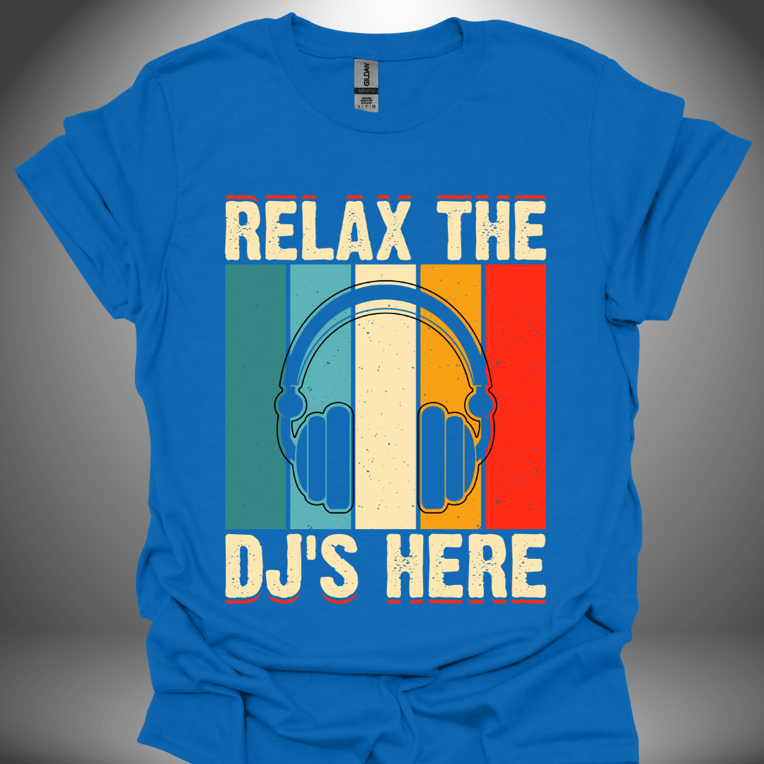 Unisex DJ T-shirt, 'Relax the DJs Here' design in royal blue, front view