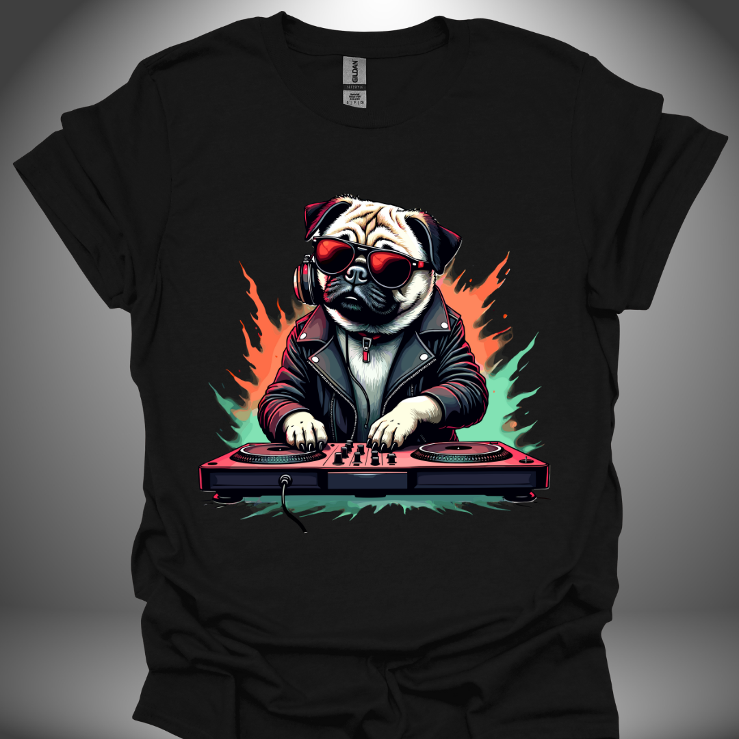 Unisex DJ T-shirt, 'DJ Pug' design in black, front view