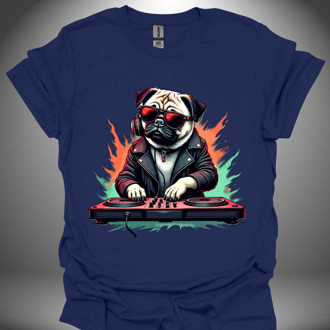 Unisex DJ T-shirt, 'DJ Pug' design in navy, front view