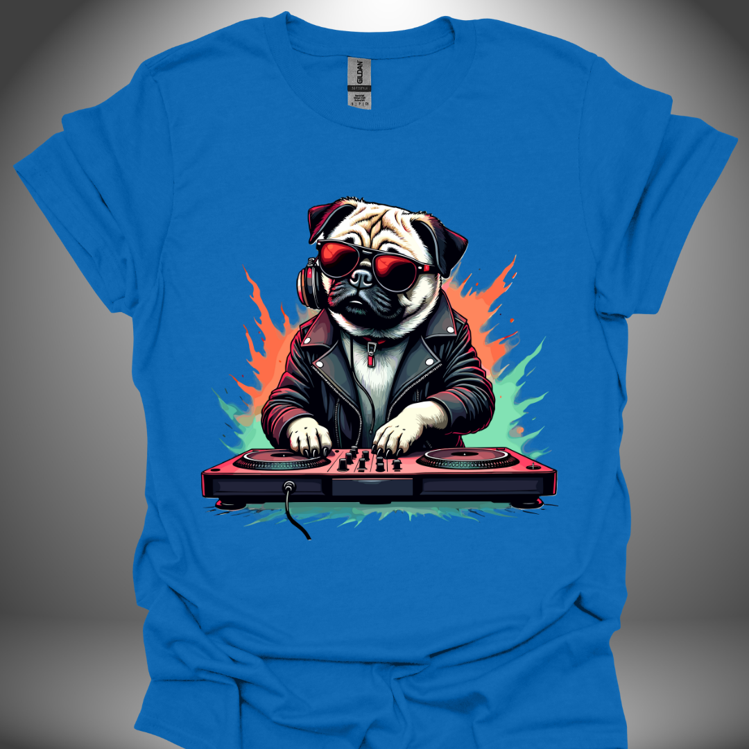 Unisex DJ T-shirt, 'DJ Pug' design in royal blue, front view