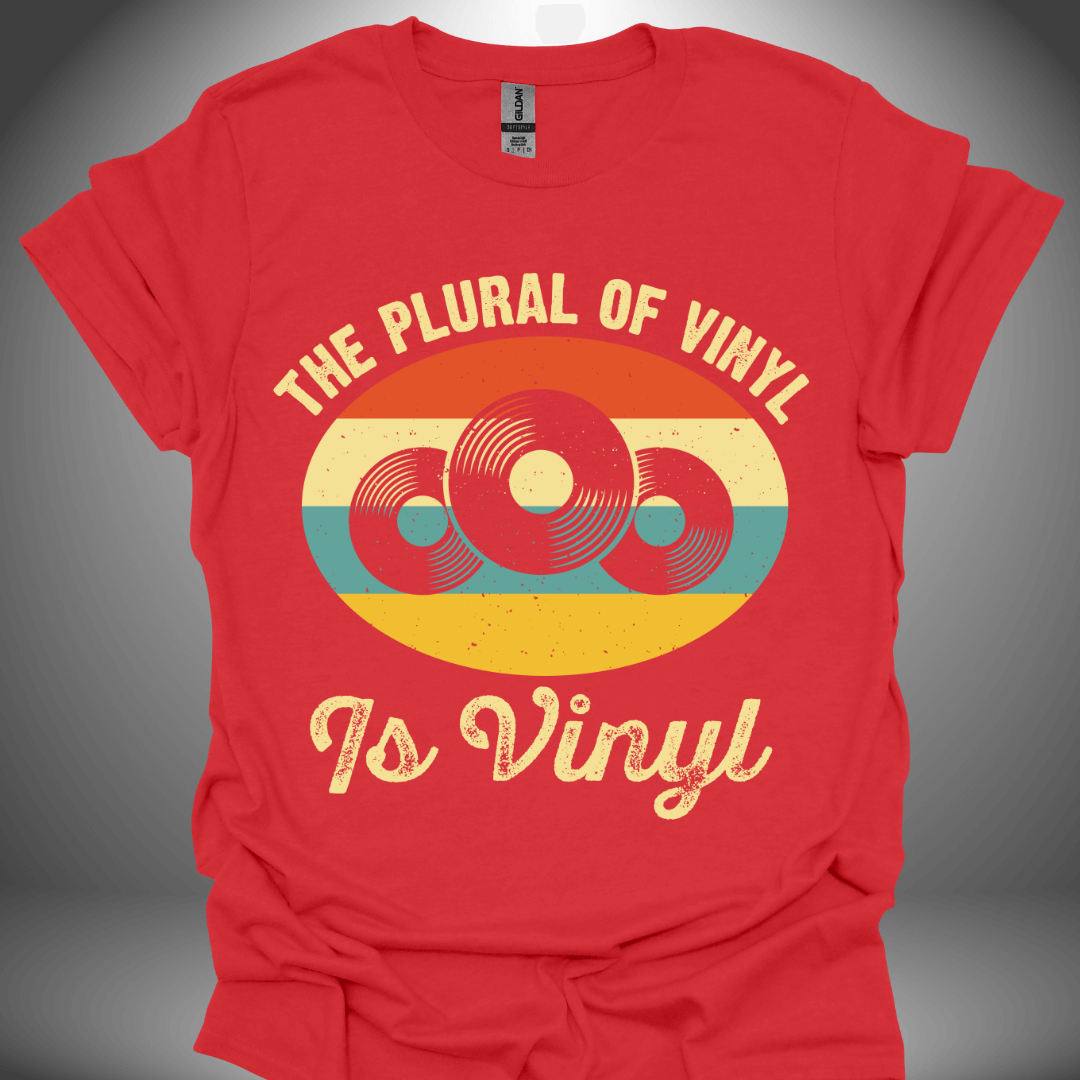 Vinyl enthusiast unisex DJ T-shirt, 'The Plural of Vinyl Is Vinyl' design in red, front view