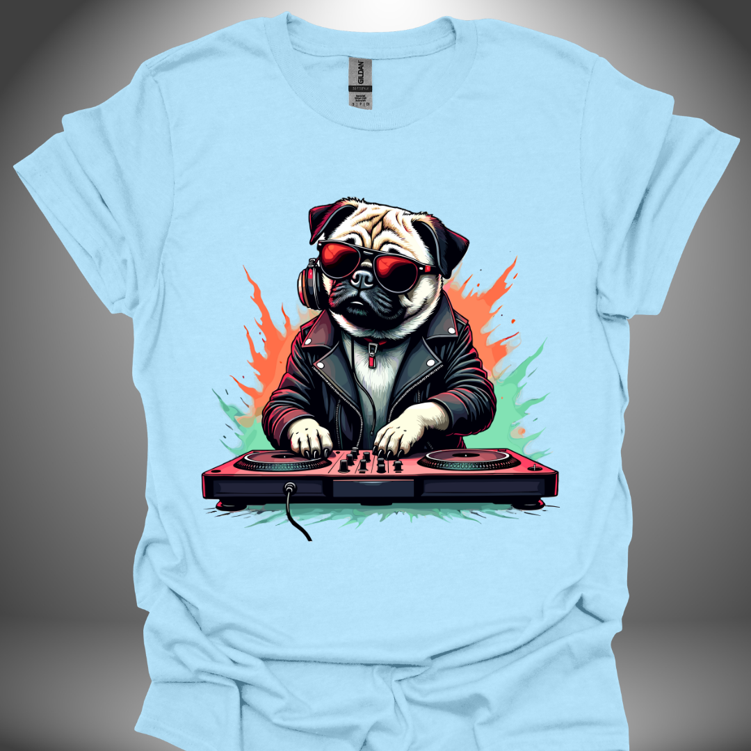 Unisex DJ T-shirt, 'DJ Pug' design in light blue, front view