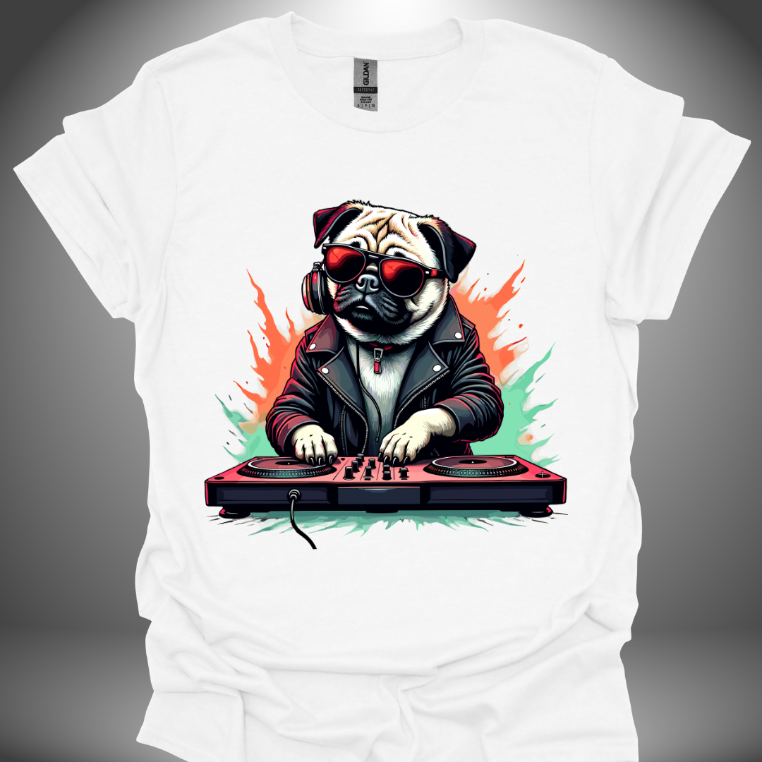 Unisex DJ T-shirt, 'DJ Pug' design in white, front view