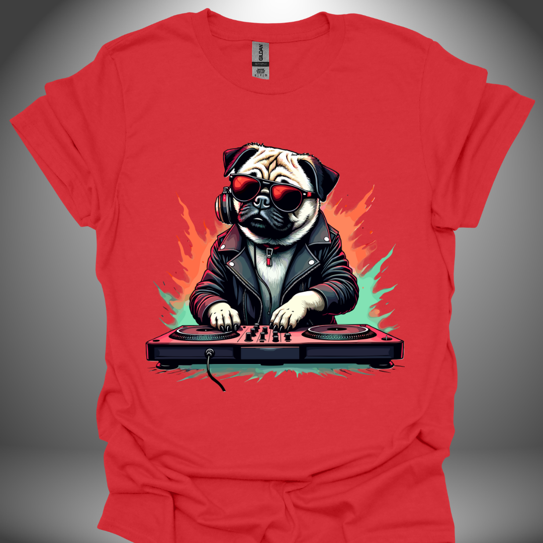 Unisex DJ T-shirt, 'DJ Pug' design in red, front view