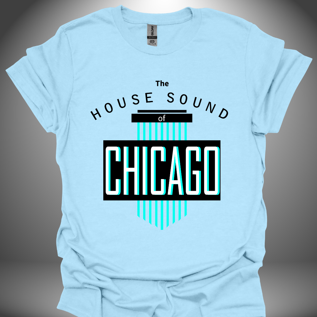 Unisex house music T-shirt, 'House Sound of Chicago' design in light blue, front view