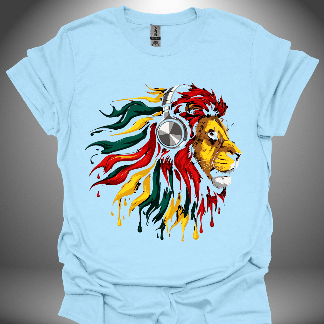 Unisex DJ T-shirt, 'Rasta Lion' design in light blue, front view