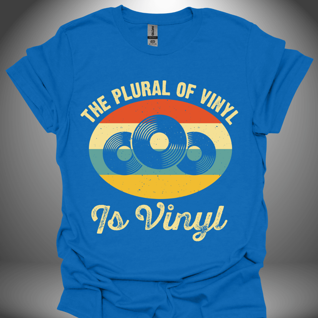 Vinyl enthusiast unisex DJ T-shirt, 'The Plural of Vinyl Is Vinyl' design in royal blue, front view