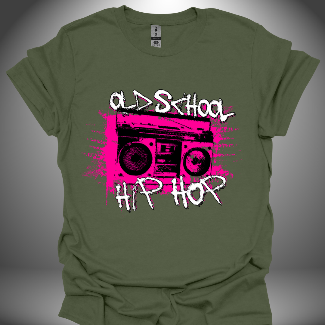 Hip Hop DJ T-shirt, 'Old School Hip Hop' design in military green, front view