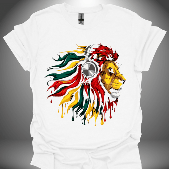 Unisex DJ T-shirt, 'Rasta Lion' design in white, front view