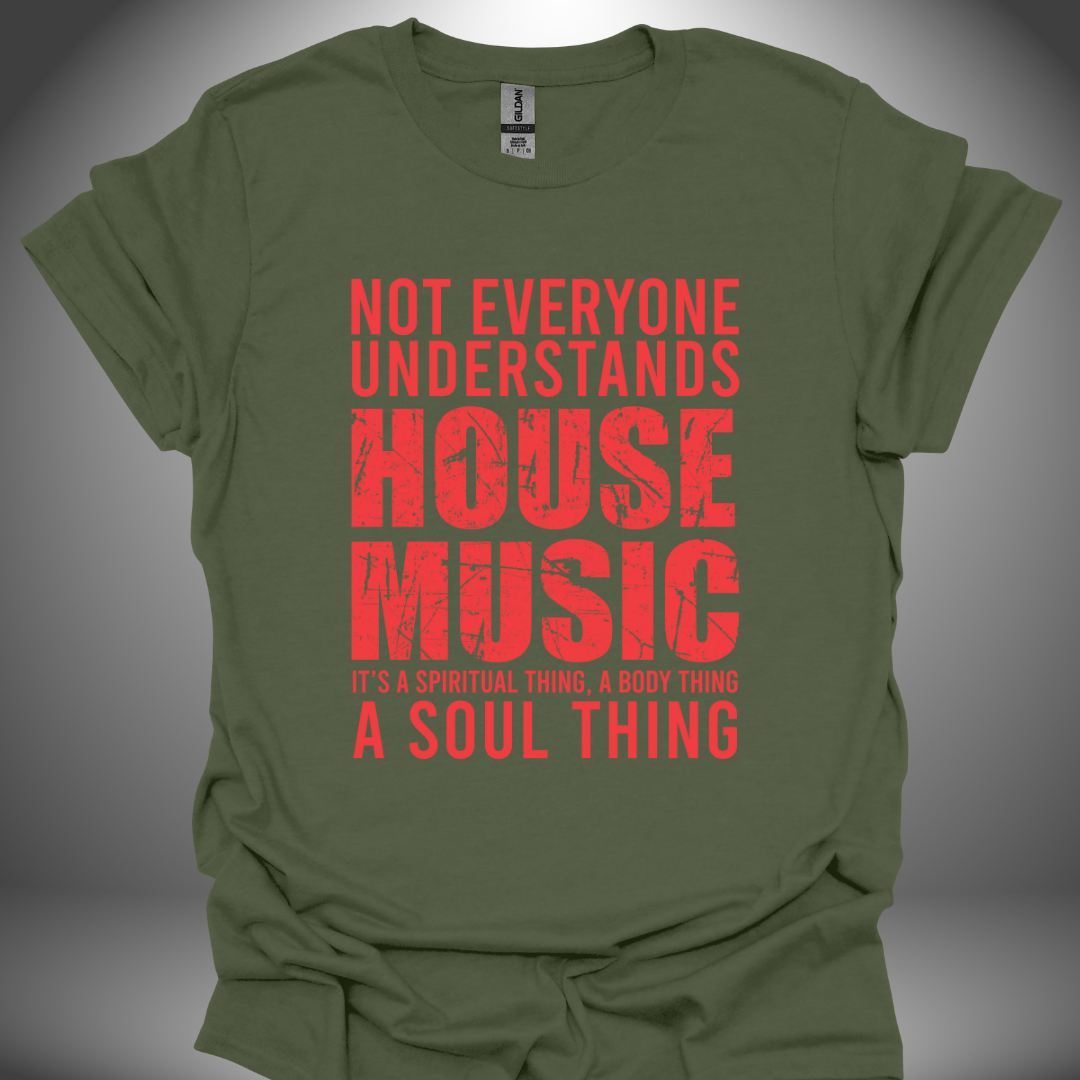 Unisex House Music T-shirt 'House Music Lover' design in military green, front view