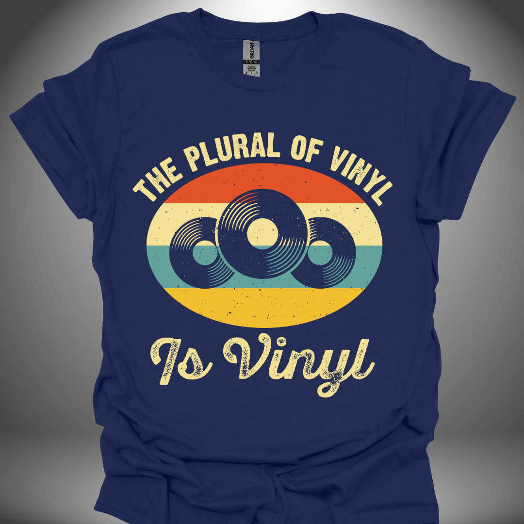 Vinyl enthusiast unisex DJ T-shirt, 'The Plural of Vinyl Is Vinyl' design in navy, front view