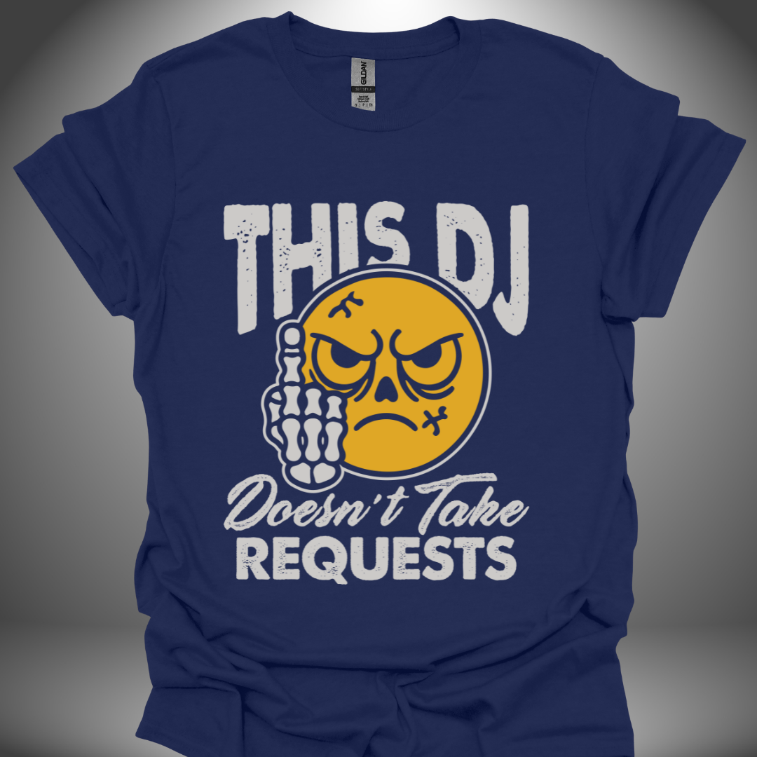 Funny DJ T-shirt, 'No Requests' design in navy, front view