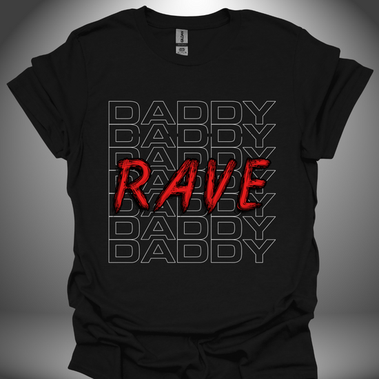 Funny DJ T-shirt, 'Rave Daddy' design in black, front view