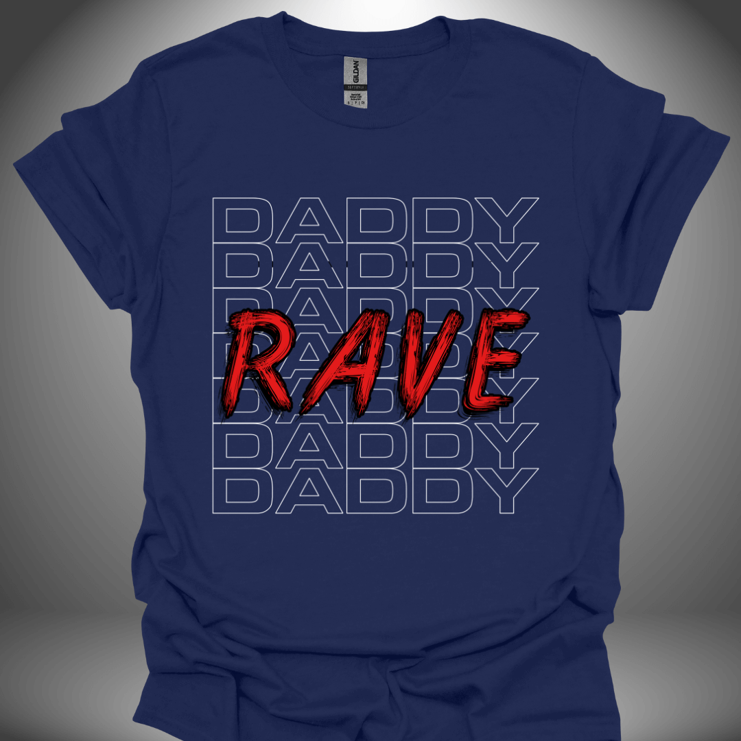 Funny DJ T-shirt, 'Rave Daddy' design in navy, front view