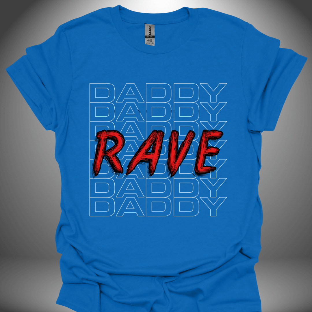 Funny DJ T-shirt, 'Rave Daddy' design in royal blue, front view